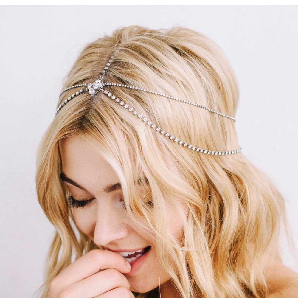 Sara Gabriel Swarovski Crystal Bridal Boho Drape Head Chain Jewelry Hairpiece